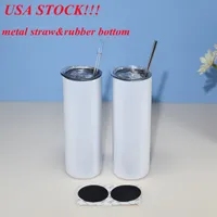 Local warehouse!!sublimation tumbler 20oz straight tumbler with metal straw rubber bottom blank skinny cup stainless steel mug US STOCK