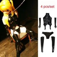 4 teile / satz Cosplay Anime Maid Kostüm Interesse sexy Anzug PVC Wetlook Catsuit enge Kleidung erotisch Bodysuit Höschen Handschuhe Strümpfe BHs Sets