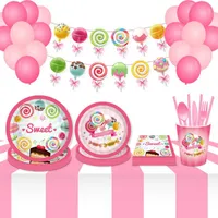 Vajilla desechable Oeny Sweet Lollipop Girls Cumpleaños Decoraciones de la fiesta de globo Papel Cups Placas Setware Baby Shower Set Supplies