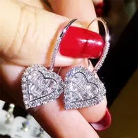 Sweet Cute Heart Dangle Earrings Sparkling Luxury Jewelry 925 Sterling Silver T Princess Cut White Topaz CZ Diamond Party Women Wedding Bridal Hook Earring Gift