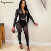 Beyprern Sparkle Crystal Pants (Black) 2021 Autumn See Through Rhinestone Studded Crop Top And Legging Set Party Club Wears