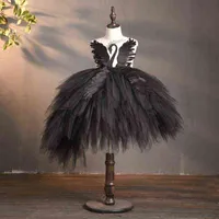 Black Flower Tulle Girl Dress Swan Crystal Tulle Princess Pageant Wedding Clothes Kids Birthday Party Dress Evening Ball Gown G1218