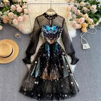 High-end Custom Fantasy Starry Sky Feminine Black Mesh Lace Dress Long-sleeved Printted Dot Embroidery Stars Slim Robe 210602