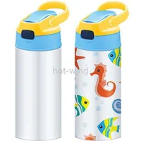 Sublimation Blanks Kids Tumbler Baby Bottle Sippy Cups 12 OZ White Water Bottle with Straw and Portable Lid 5 Color Lids Print EE Wholesale