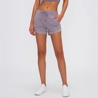 Esencial ocio nylon yoga gimnasio entrenamiento entrenamiento shorts mujeres L-173 anti-sudor cintura alta cordón cordón deportes pantalones cortos con bolsillo