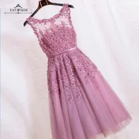 Pink Short Lace Cocktail Dresses Illusion Sweetheart Lace Pearls Evening Party Gowns Appliques Bridesmaid Guest Dress CPS298