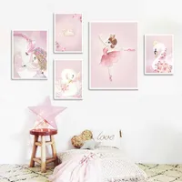핑크 보육 소녀 꽃 벽 아트 캔버스 페인팅 말 백조 북유럽 포스터 및 인쇄 벽 사진 거실 어린이 방 X0726