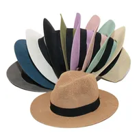 Мода ручной работы дышащая соломенная шляпа для женщин мужчины летние прохладные пляжные шляпы солнца с черной лентой Панама джазовая шапка