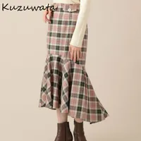 Kuzuwata Spring Plaid Trumpet Skirt Chic Ireegular High Waist Bodycon Women Skirts Casual Fashion Mid Length Jupe 210512