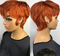 Orange Ginger Color Wig Short Wavy Bob Pixie Cut Full Machine Made No Lace Mänskliga Hår Paryker Med Bangs För Black Women Brazilian
