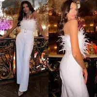 White Jumpsuit Prom Klänningar Sweetheart Feather Top Evening Party Trouse Gown Satin Pant Formal Outfit Womens Club Wears