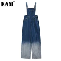 [Eam] Fit Fit Women Women Denim Azul Pierna Jumpsuit High Cintura Pollado Pantalones Moda Primavera Otoño 1DD7861 210512