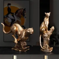 Abstrakte Gold Panther-Skulptur Geometrische Harz Leopard Statue Home Office Desktop Dekor Handwerk Ornament Möblierung 220211