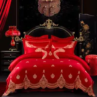 القطن الفاخرة هدايا الزفاف الأحمر الملك الحجم الفراش مجموعة الملكة السرير ورقة التطريز حاف الغلاف مجموعات