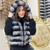Kvinnors Fur Faux Hooded Vest Kvinnor Real Rex Gilet 2021 Chinchilla Färgad Waistcoat Plus Size Custom