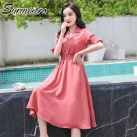 المرأة الصيف ميدي اللباس الكورية نمط أنيقة قصيرة الأكمام الأحمر فستان الشمس تونك حزب الشمس السيدات مكتب أنثى 210421