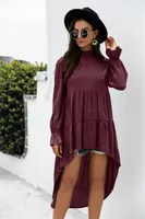 Casual Dresses Spring and Autumn Pure Color Dress Patchwork Bandage Round Neck Långärmad Slim Ladies Robe