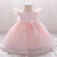 Girl&#039;s Dresses Baby Girl Flying Sleeve Beaded Princess Dress For Born Full Moon Baptism 0-5 Yrs Children Birthday Party Wedding