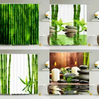 Grön växt Bambu Dusch Gardin Badrum Vattentät Polyester 3D Tryckta träd 180 * 200cm skärm med krokar 210608
