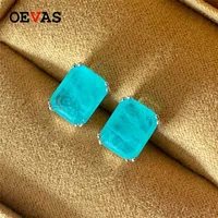 OEVAS 100% 925 Sterling Silver 8*10mm Synthetic Paraiba Tourmaline Stud Earrings For Women Sparkling Wedding Party Fine Jewelry 220114