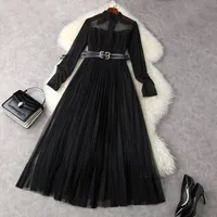Casual Dresses Frauen Gothic Kleid Langarm Perlen Perlen Spitzenbesatz Plissee Sexy Black Mesh Spring Summer 2021 Qualität