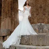 Luxury Wedding Dress V-neck Lace Up Appliques Lace Bridal Gowns Mermaid Tulle Flare Long Sleeves Vestito Da Sposa Custom Made
