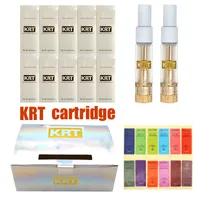 Nieuwste KRT-verpakking Lege Vape Cartridge Atomizers 0.8 ml 1.0 ml karglas keramische gouden witte bovenkant met stickers