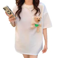 Dames T-shirt 2021 Zomer Women Harajuku Cute Real Toy Bear in Pocket Street Oversized Loose Short Sleeve T-shirt Top Kawaii Deskled