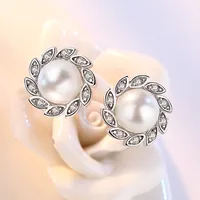 925 Sterling Silver Stud Earrings High Quality Woman Fashion Jewelry New Wind Leaf Crystal Zircon Pearl Earrings 792 Z2