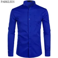 Men's Royal Blue Dress Shirts Brand Banded Mandarin Collar Shirt Male Long Sleeve Casual Button Down Shirt with Pocket 2XL 210522