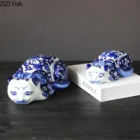 장식 물체 인형 도자기 고양이 동상 클래식 파란색과 흰색 도자기 공예품 장식품 빈티지 홈 장식 새끼 고양이 데코라