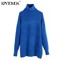 KPYTOMOA Women 2021 Fashion Thick Warm Oversized Knit Sweater Vintage High Neck Long Sleeve Female Pullovers Chic Tops G1223