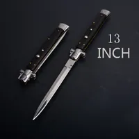 13 tum klassisk italiensk mafia automatisk kniv Auto Tactical Knives 440C 58HRC Satin Enkel horisontellt blad Trähandtag EDC Hunting Pocket Knifes