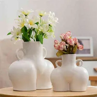 Creatieve keramische vaas desktop plant container menselijk lichaam vormige kunst decoratieve bloem pot zijring handvat home decor 210409