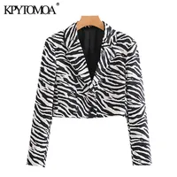 Women Fashion Zebra Print Cropped Blazer Coat Vintage Long Sleeve Animal Pattern Female Outerwear Chic Tops 210421