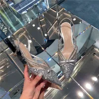 Miu's 2022 new pointed fairy high heel sho Sequin diamond wedding sho thin heel Baotou sandal girl