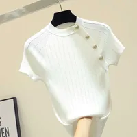 shintimes Thin Knitted White T Shirt Button Short Sleeve Tshirt Women 2020 Summer Solid Casual T-Shirt Female Tee Shirt Femme CX200713