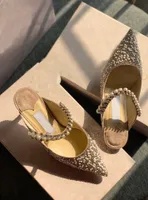 En Lüks Kadın Bing Sandalet Gelin Pompaları Zarif Yüksek Topuklu Sivri Burun Kristal İnciler Kayış Marka J-Choo Parti Düğün Bayanlar Gelinlik