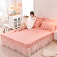 침대 스커트 퀼트 베드 커버 공주 프릴 레이스 장착 시트 플로랄 침대 홈 침구 침대 보조 시트 핑크 장식 + 2pcs pillowcases
