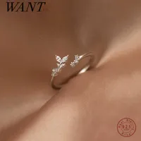 WANTME 925 Sterling Silver Luxury Crystal Zircon Branch Bud Sweet Chic Leaf Opening Ring for Women Wedding Anniversary Jewelry X0715