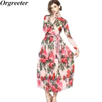Orgreeter Bohemian Stil Şifon Uzun Elbise Yaz Pist Retro Gül Çiçek Baskı Büyük Salıncak Beach Tatil Giyim Robe 210525