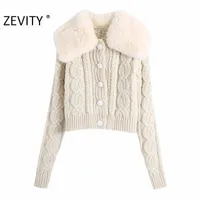 Zevity Femmes Mode Faux Fourrure Collier Patchwork Tricot Pull Casual Femme Chic Twist Crochet Cardigan Short Cardigan Tops S457 210419