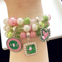 In rilievo, fili fatti a mano febbre la lettera greca sorellanza rosa greenh e bianco perla detalio di fascino braccialetto di fascino gioielli moda donna accessor