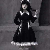 Повседневные платья Qweek Goth Gothic Lolita платье горничная Kawaii Style Bandage кружева Черный торговый центр аксессуары косплей вечеринка