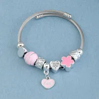 Bangle Sweet Pink Love Enamel Heart Beads For Women Fit Charms Original Pulsera DIY Colgante Brazaletes Girl Sweetheart Regalo Romántico