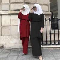 Abaya Ramadan Party TurkeyアフリカのEIDイスラム服祈り2ペチスセット女性ワイドレッグパンツドバイアラブブラウスレーズウィメンズ2個
