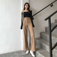 Whoholl Spring Mujeres Casual Solid Solid Pants Straight Button Button Slim Wide Wide Leg Pant Vintage Coreano Estilo 210928