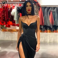 Günlük Elbiseler Spagetti Sapanlar Siyah Seksi Backless Midi Kıyafeti Parti Kulübü Kolsuz Bodycon Bölünmüş Elbise Vestidos Katı