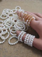 10pcs Natural Freshwater White Pearl Ring Adjustable Elastic Stretched Pearls Bead Rings for Women Jewelry