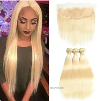 613# Blonde Bundles Brazilian Straight Virgin Human Hair Lace Frontal Closure With Bundles 613 Blonde Human Hair Weave With Closure